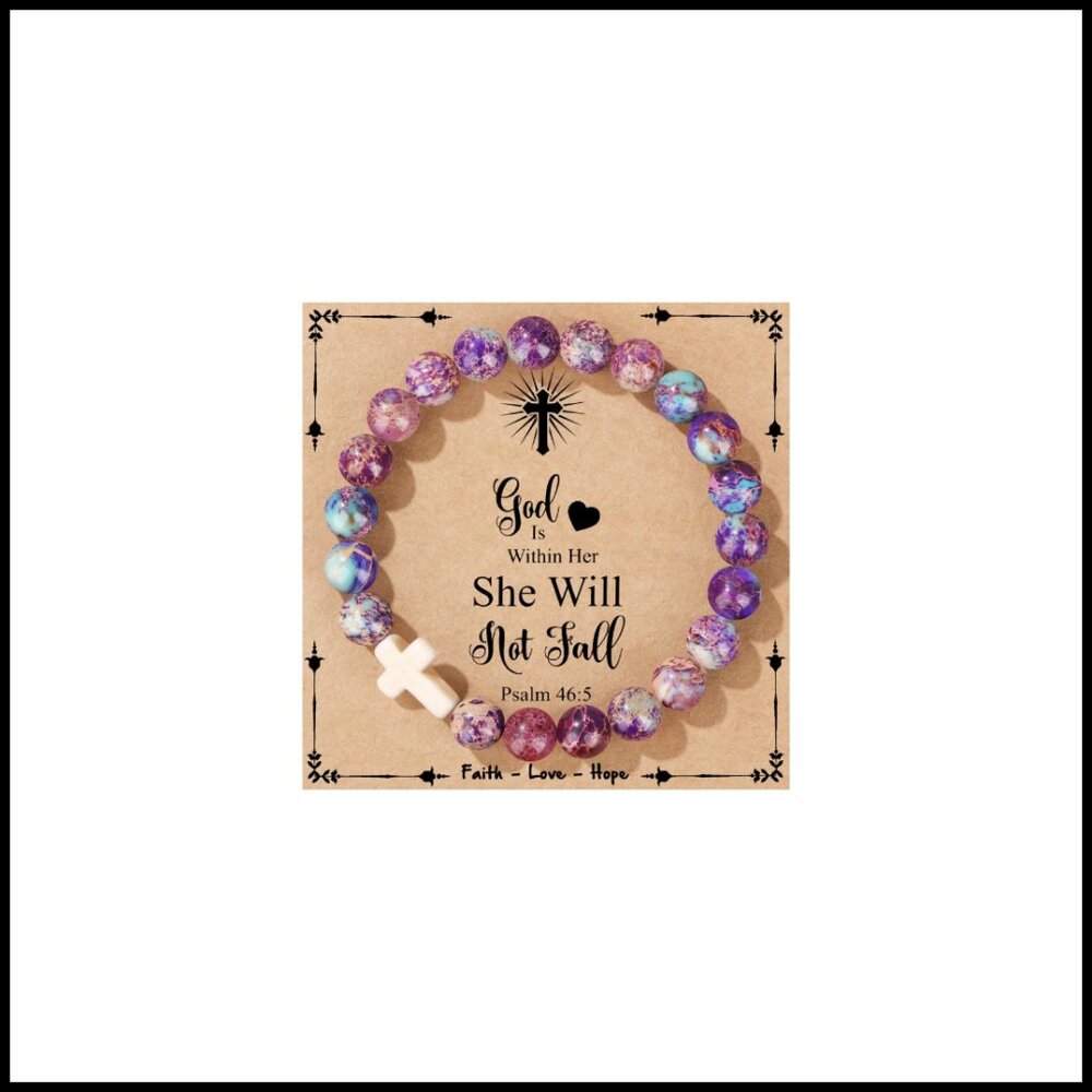 Christian Cross Cuff Bracelet Natural Stone Beads Adjustable Faith Jewelry